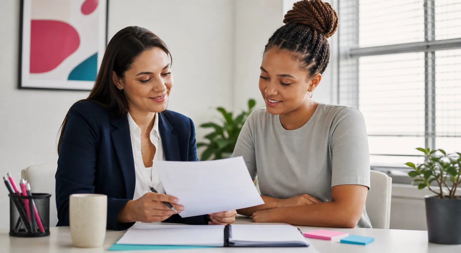 A recruitment consultant helping a job seeker improve her CV